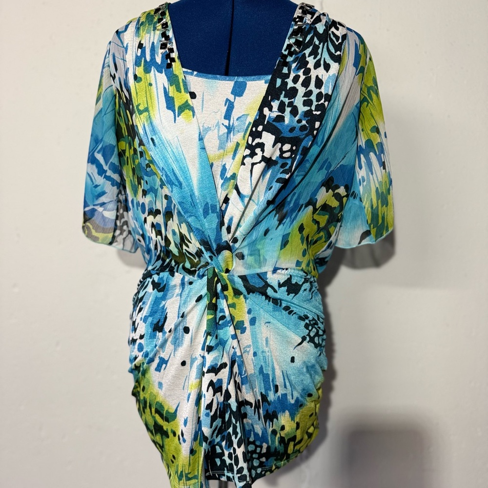 Alberto Makali tank top with long sheer blouse overlay.  Jewel accents on neck.